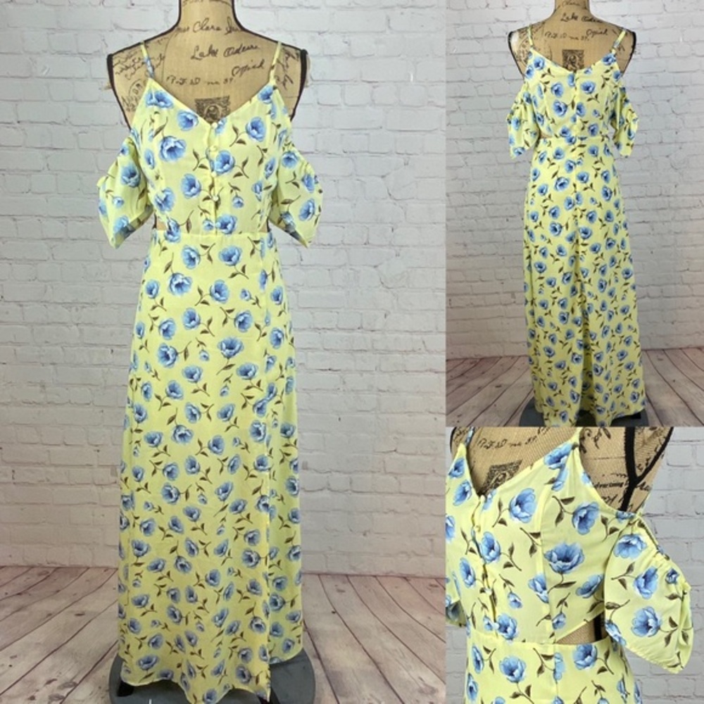 Blu Pepper Floral Side Cutouts Attached Sleeve Princess Seam Maxi